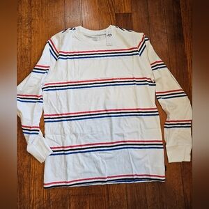 Striped White Tee with Red and Blue Accents